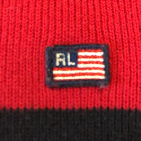 Vintage RALPH LAUREN Size Large Pullover Red Black Ribbed Cotton Embroidery Flag - Picture 11 of 16